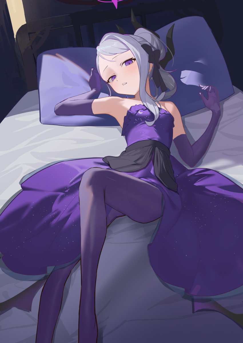 1girl bare_shoulders bed blue_archive blush breasts dress earrings elbow_gloves gloves hair_ribbon halo highres hina_(blue_archive) hina_(dress)_(blue_archive) horns jewelry looking_at_viewer lying medium_hair multiple_horns necklace nuda on_back pantyhose pillow purple_dress purple_eyes purple_gloves purple_pantyhose ribbon small_breasts swept_bangs thighs white_hair wings