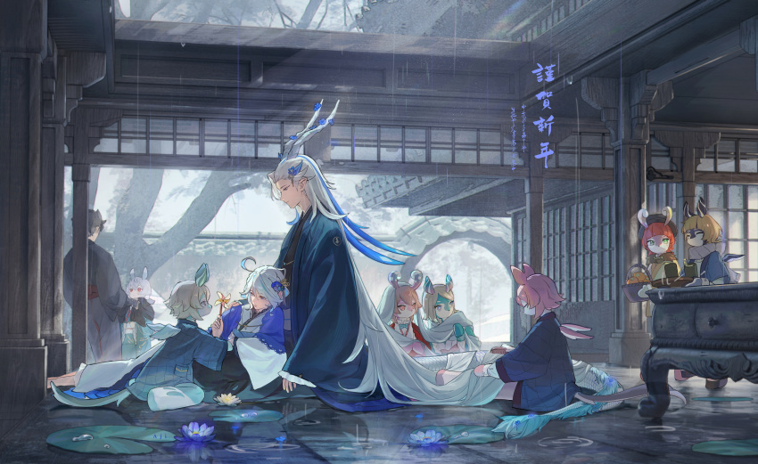 2boys 6+girls ^_^ absurdly_long_hair absurdres aeval_(genshin_impact) ahoge aji_11300913 aqua_bow aqua_bowtie architecture asymmetrical_hair basket black_hair black_headwear black_kimono blathine_(genshin_impact) blue_coat blue_hair blunt_bangs bow bowtie brown_hair brushing_another's_hair brushing_hair closed_eyes closed_mouth coat comb commentary_request crossed_bangs cup dragon_boy dragon_horns dragon_tail east_asian_architecture elphane_(genshin_impact) flower food frilled_kimono frills fruit furina_(genshin_impact) genshin_impact green_eyes hair_between_eyes hair_flower hair_ornament hand_up haori hat highres holding holding_basket holding_comb holding_pinwheel holding_tray horns japanese_clothes kanzashi kimono lattice liath_(genshin_impact) light_brown_hair lily_pad long_hair long_sleeves looking_down low_twintails medium_hair melusine_(genshin_impact) multicolored_hair multiple_boys multiple_girls neuvillette_(genshin_impact) orange_(fruit) parted_bangs pink_eyes pinwheel pom_pom_(clothes) pom_pom_hair_ornament purple_eyes purple_scarf rain red_hair rhemia_(genshin_impact) scarf sedene_(genshin_impact) short_hair short_twintails sigewinne_(genshin_impact) sitting sleeves_past_wrists smile streaked_hair swept_bangs table tail translation_request tray tree twintails very_long_hair wariza water water_lily_flower white_hair white_kimono wide_sleeves wings wriothesley_(genshin_impact) yellow_flower yunomi