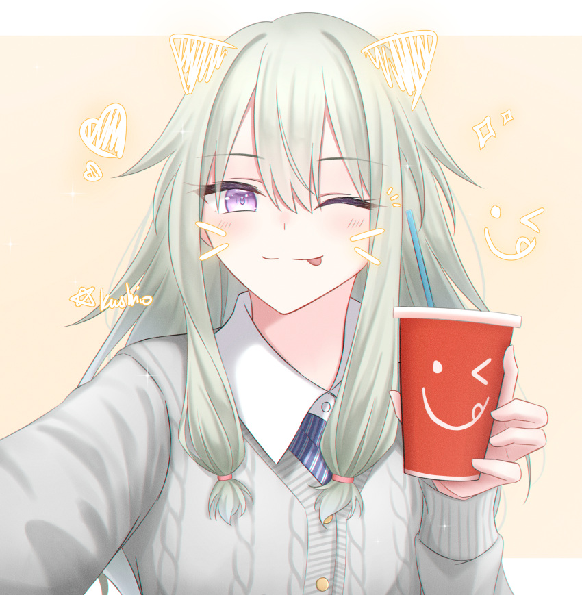 1girl ;p absurdres artist_name blush cardigan closed_mouth cup disposable_cup drawn_ears drawn_whiskers drinking_straw english_commentary green_hair hair_between_eyes heart highres holding holding_cup kusanagi_nene kushiro147 long_hair long_sleeves looking_at_viewer one_eye_closed project_sekai purple_eyes sepia_background shirt sidelocks solo star_(symbol) striped_clothes striped_shirt tongue tongue_out two-tone_background white_background