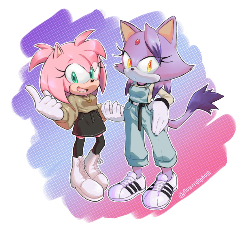 2girls amy_rose animal_ears black_skirt blaze_the_cat cat_ears cat_girl cat_tail flowerqliphoth forehead_jewel furry furry_female gloves green_eyes hair_down hedgehog_girl highres holding_hands multiple_girls open_mouth pink_fur purple_fur skirt sonic_(series) tail white_footwear white_gloves yellow_eyes