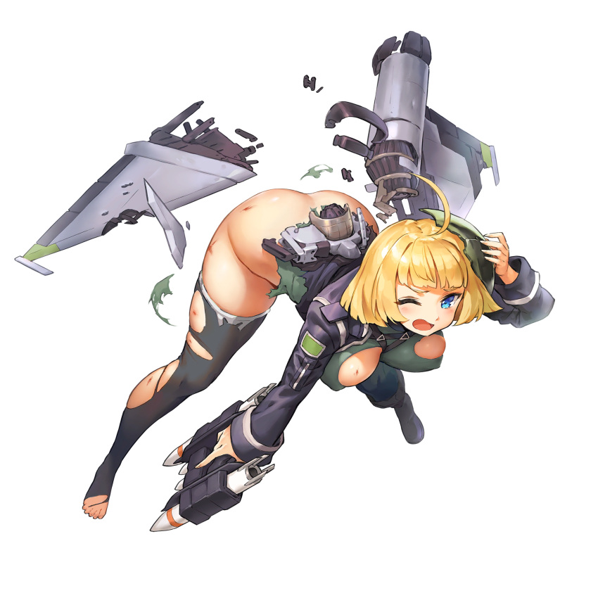 1girl ahoge ass battle_damage between_breasts black_footwear black_jacket black_thighhighs blonde_hair blue_eyes boots breasts broken_goggles bruise chest_harness covered_nipples defeat flying full_body game_cg goggles green_leotard griffon_(last_origin) harness headgear headphones headphones_around_neck highres holding holding_goggles holding_rocket_launcher holding_weapon injury jacket kakiman knee_boots large_breasts last_origin leaning_forward leotard looking_at_viewer mechanical_parts no_panties official_alternate_color official_art one_eye_closed open_clothes open_jacket open_mouth rocket_launcher shoes short_hair single_shoe skindentation solo tachi-e thighhighs third-party_source torn_clothes torn_jacket torn_leotard torn_thighhighs v-shaped_eyebrows weapon