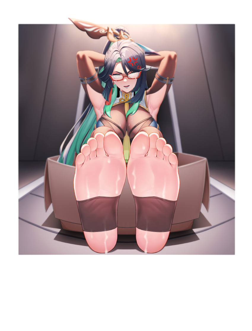 1girl absurdres anger_vein angry aqua_eyes armpits barefoot black_hair blurry blush box breasts cardboard_box colored_inner_hair depth_of_field earrings feet feet_up foot_focus foreshortening genshin_impact glasses hair_ornament highres in_box in_container jewelry large_breasts legs long_hair looking_at_viewer mimuxiao multicolored_hair no_shoes open_mouth perspective presenting_foot red-framed_eyewear semi-rimless_eyewear soles solo stirrup_legwear tassel tassel_earrings toeless_legwear toes two-tone_hair very_long_hair xianyun_(genshin_impact)