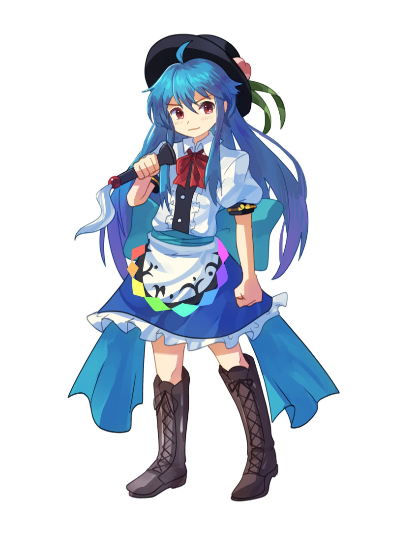 1girl ahoge black_headwear blue_hair boots brown_footwear closed_mouth commentary_request cross-laced_footwear frilled_skirt frills fruit_hat_ornament hat highres hinanawi_tenshi knee_boots leaf long_hair peach_hat_ornament plus2sf puffy_short_sleeves puffy_sleeves rainbow_gradient rainbow_order red_eyes short_sleeves simple_background skirt smile solo sword_of_hisou touhou very_long_hair white_background