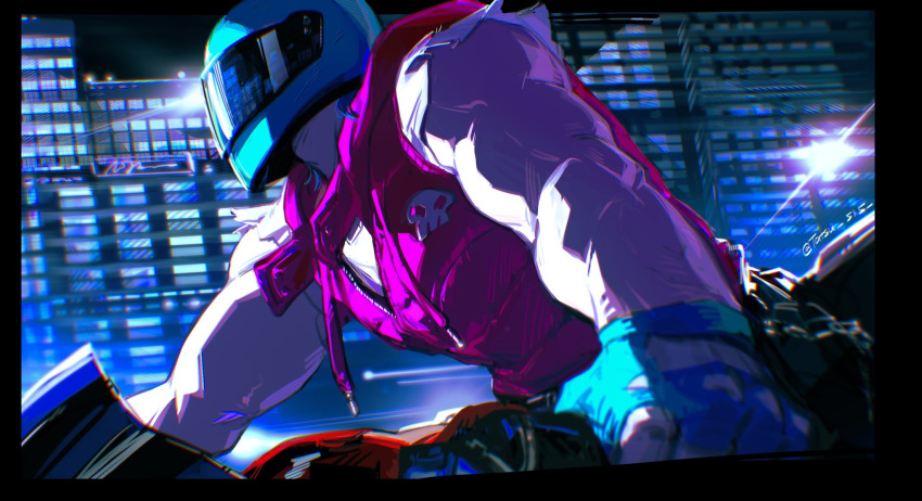 1boy biceps biker_(hotline_miami) black_border blue_gloves border building fingerless_gloves gloves helmet highres hotline_miami lens_flare male_focus motor_vehicle motorcycle motorcycle_helmet on_motorcycle pink_vest shirt skull_print skyscraper sleeveless solo tatsu_(tatsumccree) torn_clothes torn_shirt torn_sleeves twitter_username vest