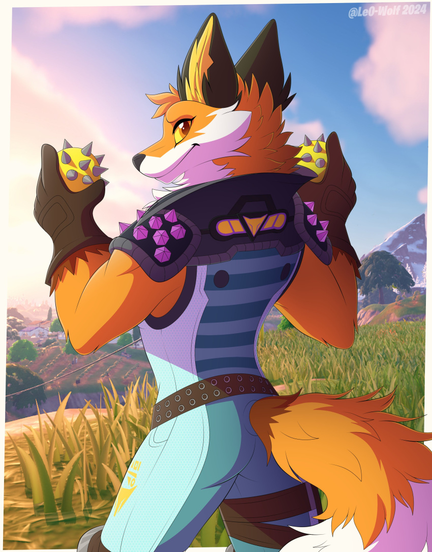 absurd_res anthro balls belt canid canine clothing epic_games fennix_(fortnite) fortnite fox fur genitals gloves green_clothing handwear hi_res leo-wolf looking_at_viewer male mammal orange_body orange_fur smile solo spiked_balls spikes spikes_(anatomy) suit white_body white_fur yellow_eyes