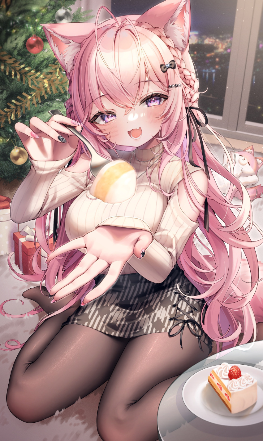 1girl :d absurdres animal_ear_fluff animal_ears antenna_hair bare_shoulders black_nails black_pantyhose blush braid braided_bun breasts cake cake_slice checkered_clothes checkered_skirt christmas christmas_tree clothing_cutout commentary_request cross-laced_slit crown_braid double-parted_bangs double_bun fang food fork hair_bun hair_ornament hairclip hakui_koyori highres holding holding_fork hololive incoming_food indoors kokoro_(hakui_koyori) large_breasts long_hair looking_at_viewer monuke_(monu) multicolored_nails nail_art nail_polish night night_sky no_shoes open_mouth pantyhose pencil_skirt pink_hair pink_nails purple_eyes ribbed_sweater shirt shoulder_cutout side_slit sitting skin_fang skirt sky smile solo striped_clothes striped_shirt sweater tail turtleneck turtleneck_sweater two-tone_skirt vertical-striped_clothes vertical-striped_shirt very_long_hair virtual_youtuber wariza wavy_hair white_sweater wolf_ears wolf_girl wolf_tail