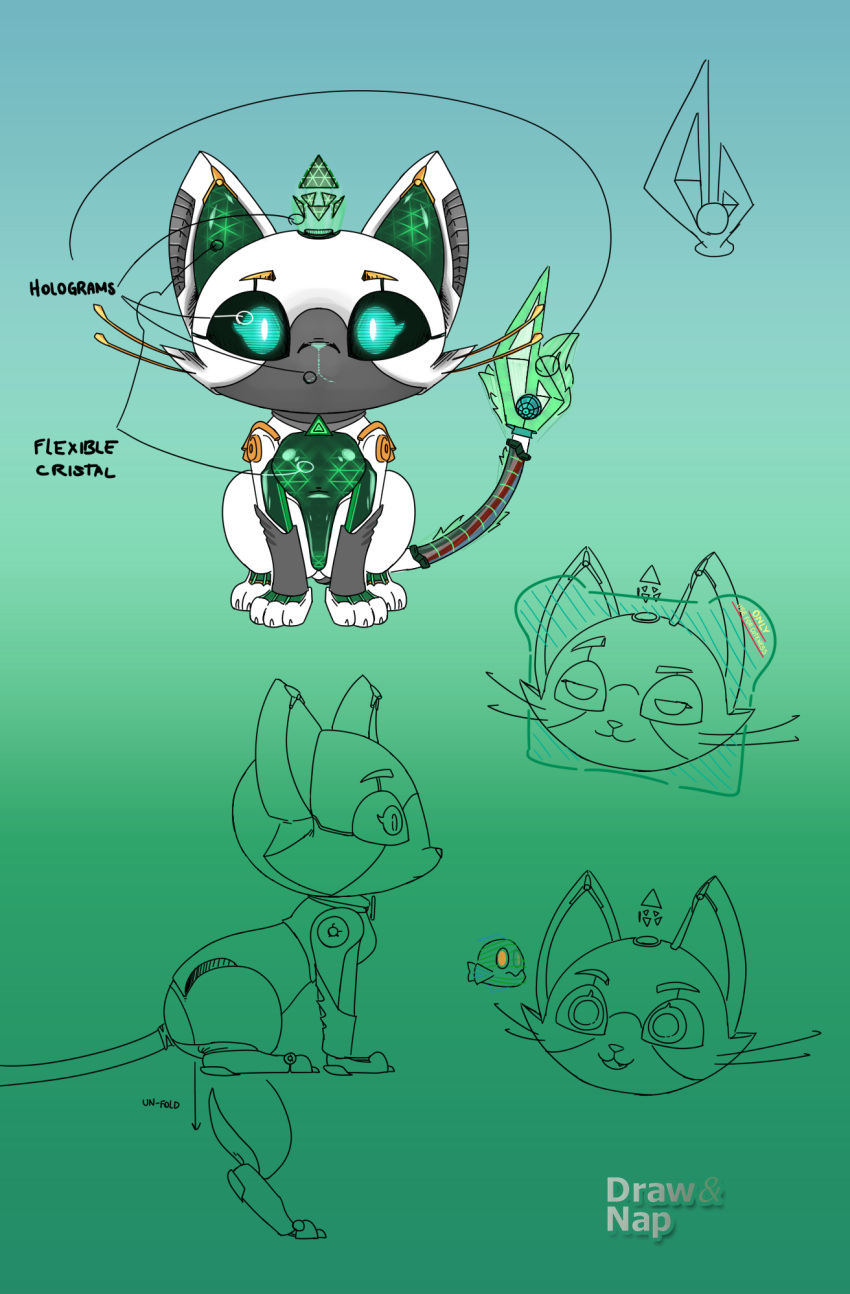 claws domestic_cat draw&amp;nap fangs felid feline felis female feral feral_focus fish hi_res hologram league_of_legends machine mammal marine paws program_yuumi riot_games robot solo_focus tail teeth text watermark whiskers yuumi_(lol)