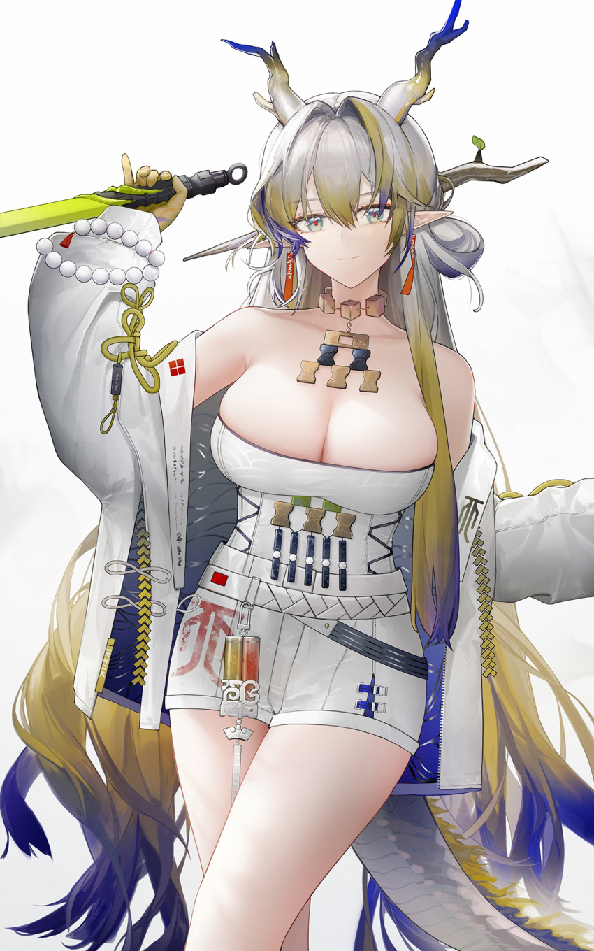 1girl alternate_breast_size arknights bare_shoulders blonde_hair blue_hair breasts choker cleavage colored_tips dragon_girl dragon_horns earrings gradient_hair grey_hair highres holding holding_sword holding_weapon horns jacket jewelry large_breasts long_hair long_sleeves looking_at_viewer multicolored_hair off_shoulder open_clothes open_jacket pointy_ears shorts shu_(arknights) solo strapless sword tassel tassel_earrings tube_top weapon white_background white_jacket yuuki_mix