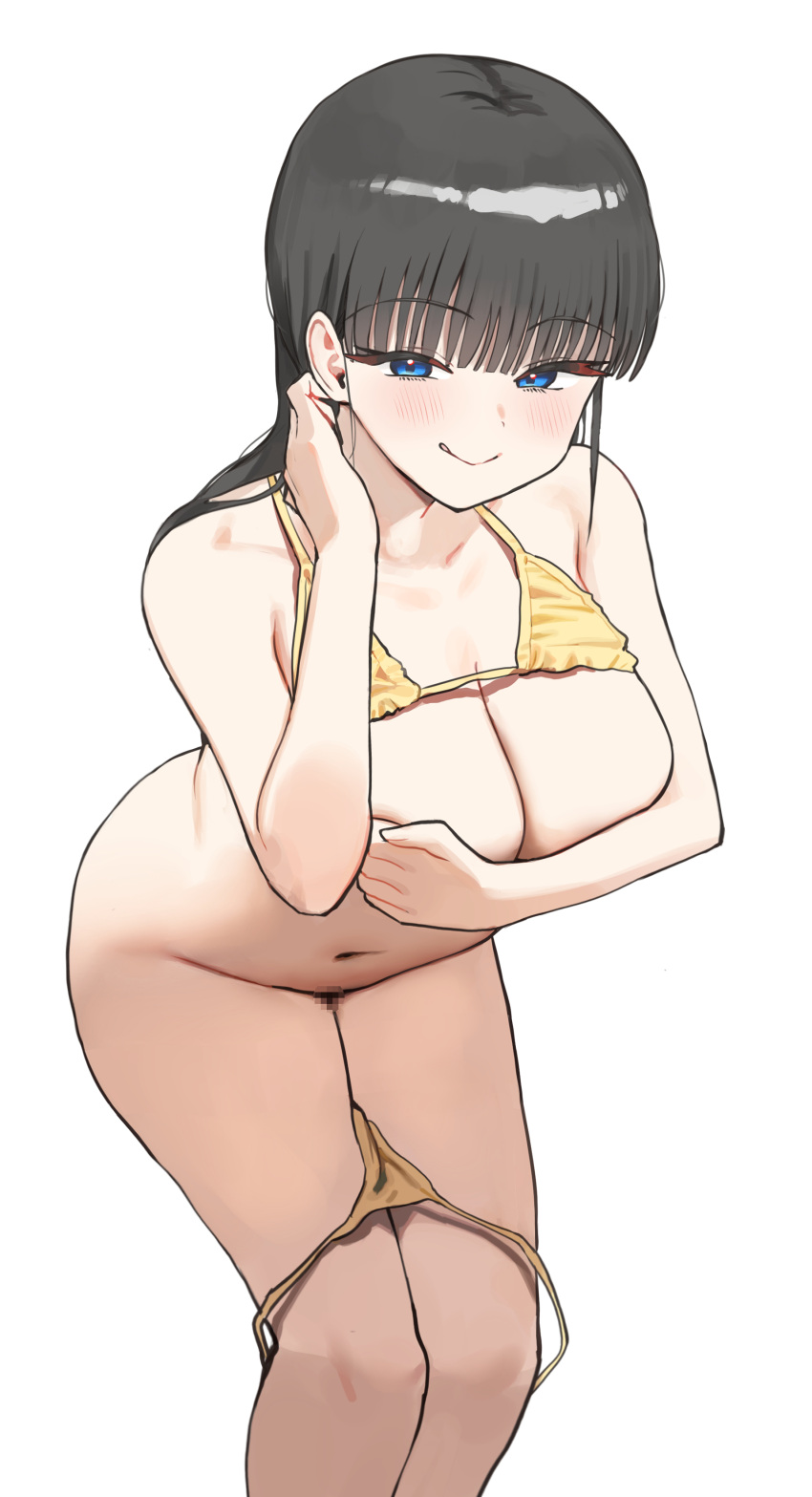 1girl :q absurdres bare_shoulders bikini bikini_bottom_pull bikini_top_lift black_hair blue_eyes blush breasts censored cleavage clothes_lift collarbone commentary covering_breasts covering_privates highres leaning_forward long_hair looking_at_viewer mosaic_censoring navel original simple_background solo stomach swimsuit tongue tongue_out twin_(tt_lsh) white_background yellow_bikini