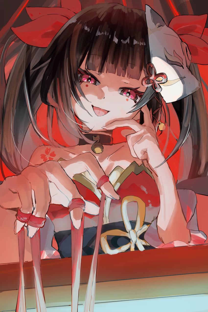 1girl :d absurdres bare_shoulders bell black_choker bow brown_hair byou_(vfyk8337) chest_tattoo choker collarbone dress flower_tattoo fox_mask hair_bow hand_on_own_cheek hand_on_own_face head_tilt highres honkai:_star_rail honkai_(series) long_hair looking_at_viewer mask mask_on_head neck_bell obi open_mouth pink_eyes red_background red_bow red_dress sash sidelocks simple_background sleeveless sleeveless_dress smile solo sparkle_(honkai:_star_rail) straight-on tattoo tongue tongue_out twintails upper_body