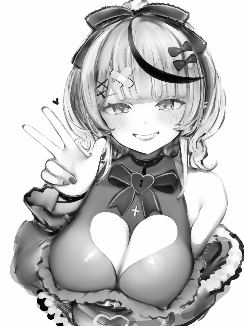 1girl absurdres bandaid bandaid_hair_ornament bare_shoulders blunt_bangs bow breasts cleavage_cutout clothing_cutout collar dot_nose frilled_ribbon frills greyscale grin hair_bow hair_ornament hair_ribbon heart heart-shaped_lock highres hololive large_breasts light_blush looking_at_viewer monochrome multicolored_hair nanashi_(nlo) nipples off_shoulder official_alternate_costume ribbon sakamata_chloe sakamata_chloe_(jirai_kei) see-through simple_background smile solo streaked_hair studded_collar upper_body virtual_youtuber w x_hair_ornament