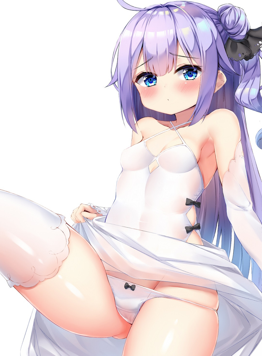 1girl azur_lane bare_shoulders black_ribbon blush bow bow_panties breasts clothes_lift detached_sleeves dombear dress hair_bun highres leg_up lifted_by_self long_hair looking_at_viewer one_side_up panties purple_eyes purple_hair ribbon single_hair_bun single_side_bun small_breasts solo standing thighhighs thighs underwear unicorn_(azur_lane) very_long_hair white_background white_dress white_panties white_sleeves white_thighhighs