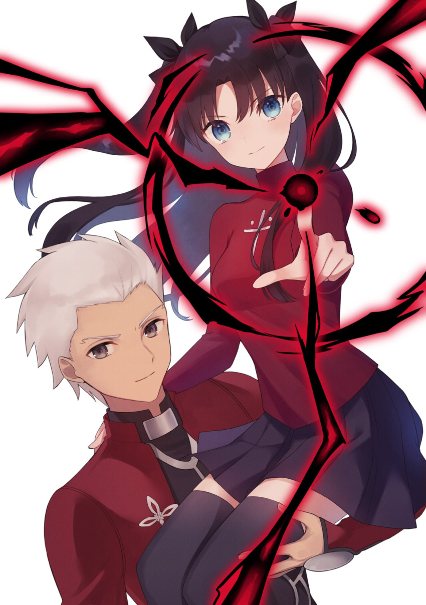 1boy 1girl archer_(fate) black_hair black_ribbon black_skirt black_thighhighs blue_eyes carrying carrying_person commentary_request cross dark-skinned_male dark_skin fate/stay_night fate_(series) floating_hair hair_ribbon highres index_finger_raised jacket latin_cross long_hair long_sleeves looking_at_viewer magic parted_bangs pleated_skirt red_jacket red_sweater ribbon shichishino short_hair simple_background sitting skirt smile sweater thighhighs tohsaka_rin turtleneck turtleneck_sweater two_side_up white_background white_hair