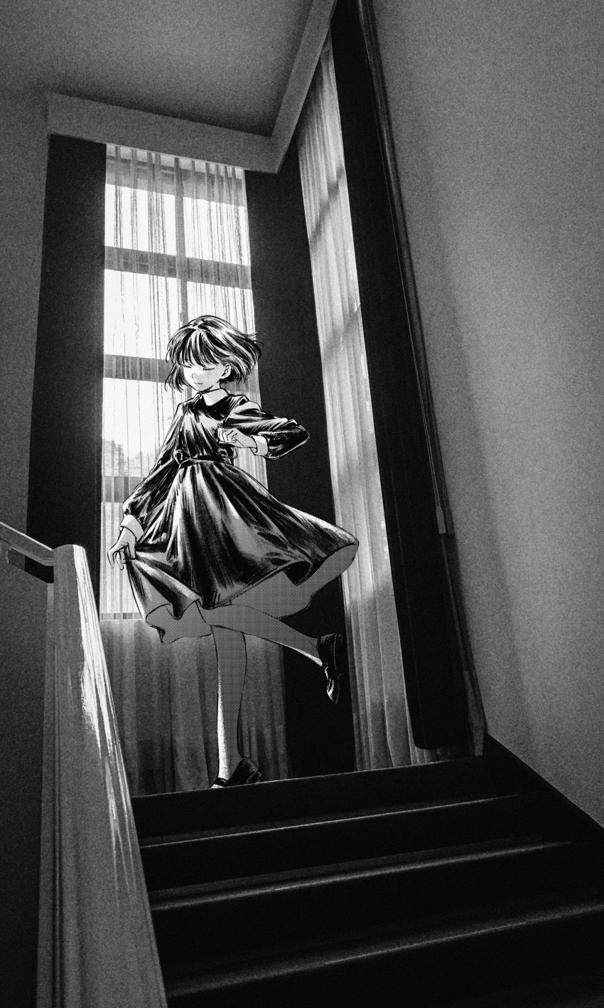 1girl absurdres closed_eyes collared_dress dress full_body greyscale highres indoors light_smile machihazure mary_janes monochrome original pantyhose photo_background shoes short_hair solo stairs standing standing_on_one_leg window