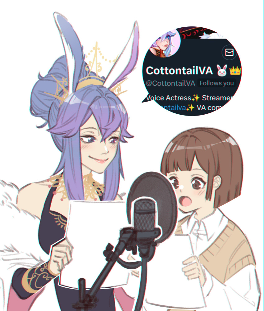 2girls :o absurdres animal_ears artist_self-insert blue_eyes blue_hair bob_cut breasts brown_eyes brown_hair brown_sweater commentary cottontail_(vtuber) english_commentary fur_trim gradient_hair hair_bun heterochromia highres holding holding_paper indie_virtual_youtuber medium_breasts microphone multicolored_hair multiple_girls off_shoulder open_mouth original paper pop_filter purple_eyes purple_hair rabbit_ears short-sleeved_sweater short_hair short_sleeves sidelocks single_hair_bun smile sweater tama_gotoh tiara twitter yoruny