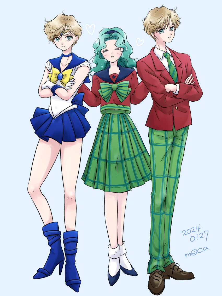 3girls absurdres aqua_hair artist_name back_bow bare_legs bishoujo_senshi_sailor_moon black_footwear blazer blonde_hair blue_choker blue_eyes blue_footwear blue_sailor_collar blue_skirt boots bow brown_footwear choker closed_eyes collared_shirt dated dual_persona earrings gloves green_necktie green_pants green_skirt heart hemuhemu_moca highres jacket jewelry kaiou_michiru long_hair long_sleeves looking_at_viewer magical_girl miniskirt mugen_gakuen_school_uniform multiple_girls necktie pants plaid plaid_pants plaid_skirt pleated_skirt sailor_collar sailor_senshi_uniform sailor_uranus school_uniform shirt short_hair simple_background skirt smile striped_bow striped_necktie ten'ou_haruka tiara very_short_hair white_gloves white_shirt yellow_bow