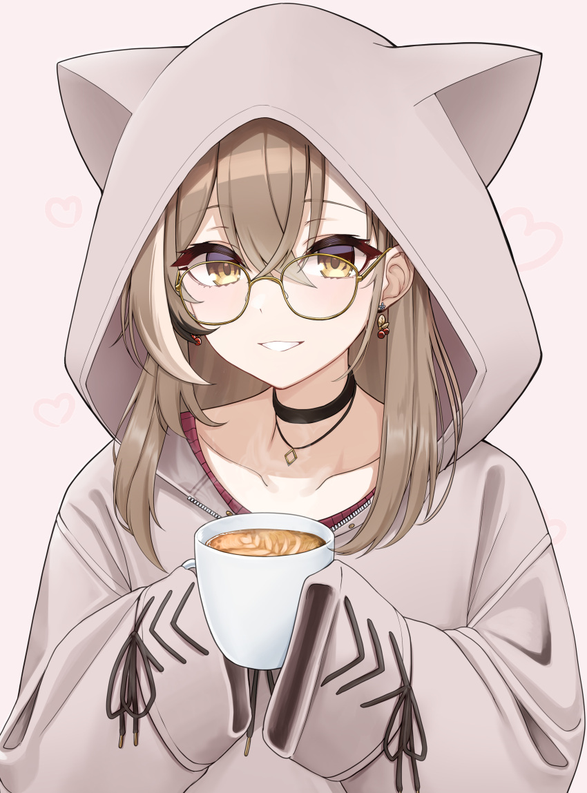 1girl absurdres animal_hood berry black_choker brown_eyes brown_hair brown_hoodie choker earrings ears_through_headwear food-themed_earrings glasses grin highres hololive hololive_english hood hood_up hoodie jewelry long_hair looking_at_viewer mintz912 multicolored_hair nanashi_mumei nanashi_mumei_(casual) necklace official_alternate_costume red_sweater round_eyewear runes sleeves_past_wrists smile solo streaked_hair sweater virtual_youtuber