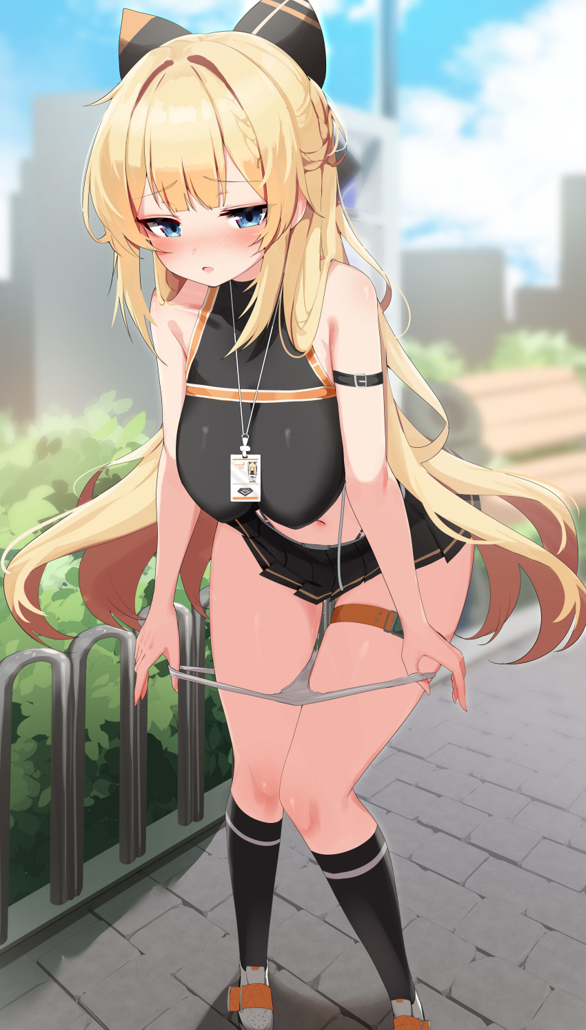 1girl absurdres arm_belt bare_arms bare_shoulders black_shirt black_skirt black_socks blonde_hair blue_eyes blurry blurry_background blush bow commission covered_nipples crop_top day depth_of_field frown hair_bow highleg highres id_card kneehighs lanyard leaning_forward long_hair looking_at_viewer midriff miniskirt navel nose_blush open_mouth original outdoors panties panty_pull pleated_skirt pulled_by_self pussy_juice second-party_source shirt shoes sidelocks skirt sleeveless sleeveless_shirt socks solo sonya_(schan) standing stomach sweat thigh_strap thighs underwear very_long_hair w.k white_footwear white_panties