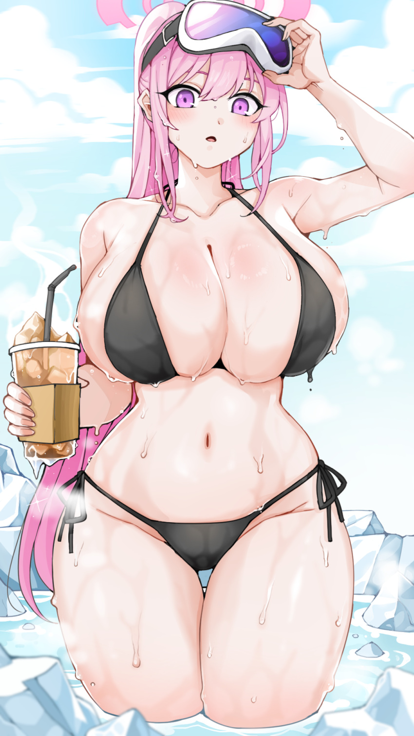 1girl bikini black_bikini blue_archive blush breasts commentary cup curvy disposable_cup drink drinking_straw eimi_(blue_archive) eimi_(swimsuit)_(blue_archive) eyewear_on_head freedom_(aass5404) glacier goggles goggles_on_head halo highres holding holding_cup holding_drink huge_breasts ice long_hair looking_at_viewer navel official_alternate_costume open_mouth outdoors pink_eyes pink_hair pink_halo ponytail side-tie_bikini_bottom skindentation sky solo standing steam steaming_body stomach string_bikini swimsuit thick_thighs thighs very_long_hair wading water wet wide_hips