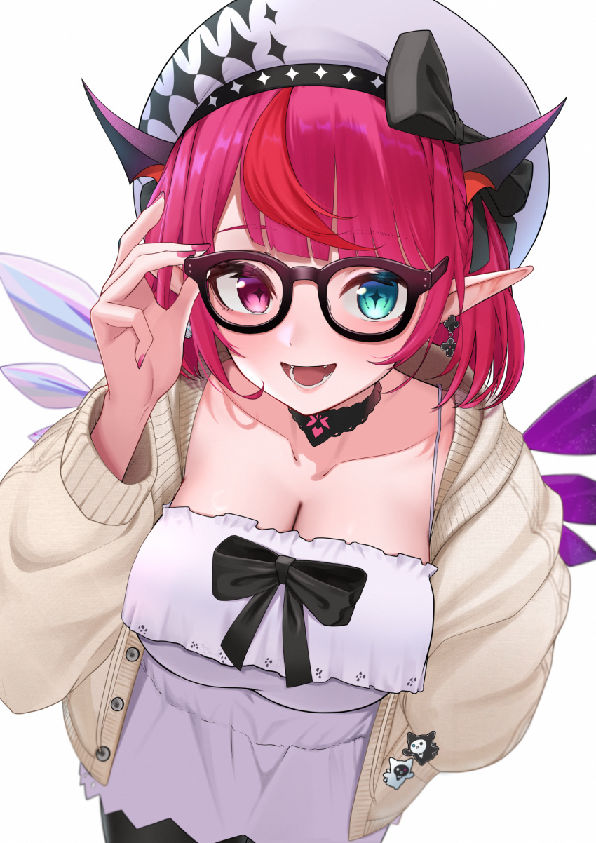 1girl :d adjusting_eyewear beret black_bow black_choker black_pantyhose bloom_(irys) blue_eyes blunt_bangs bow breasts brown-framed_eyewear cardigan choker cleavage collarbone demon_horns detached_wings dress earrings fangs glasses gloom_(irys) hands_in_pockets hat hat_bow heterochromia highres hololive hololive_english horns irys_(casualrys)_(hololive) irys_(hololive) jewelry lace lace_choker large_breasts looking_at_viewer mintz912 multicolored_hair nail_polish official_alternate_costume open_cardigan open_clothes open_mouth pantyhose pin pink_nails pointy_ears purple_hair red_eyes red_hair short_hair simple_background smile solo sundress symbol-shaped_pupils two-tone_hair virtual_youtuber white_dress wings