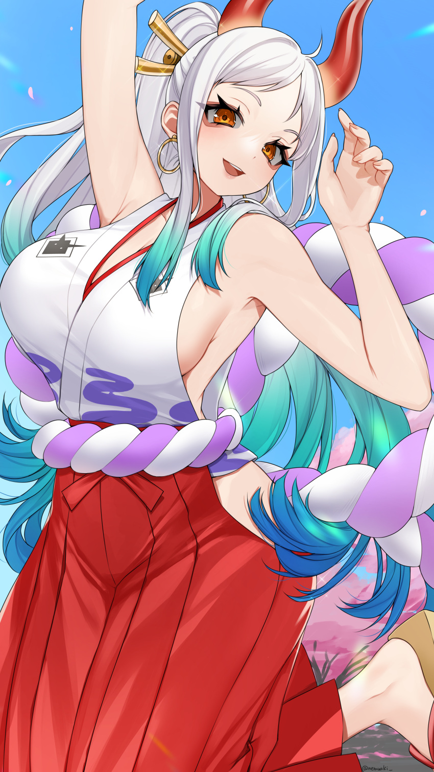 1girl absurdres arm_up blue_hair blush breasts earrings gradient_hair green_hair highres hoop_earrings horns jewelry large_breasts looking_at_viewer multicolored_hair nemuaki one_piece open_mouth ponytail red_eyes sideboob smile solo teeth upper_teeth_only white_hair yamato_(one_piece)