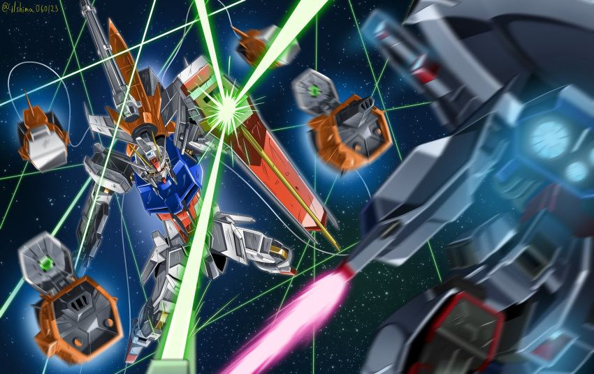 beam_rifle commentary_request energy_gun energy_sword gundam gundam_seed highres mecha mobile_suit no_humans providence_gundam robot shield shimashun sky space star_(sky) starry_sky strike_gundam sword weapon