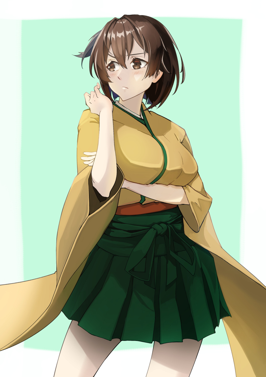 1girl absurdres blush breasts brown_hair echo-kilo green_background green_hakama hakama hakama_short_skirt hakama_skirt highres hiryuu_(kancolle) japanese_clothes kantai_collection kimono large_breasts ribbon short_hair side_ponytail skirt twintails white_background yellow_kimono