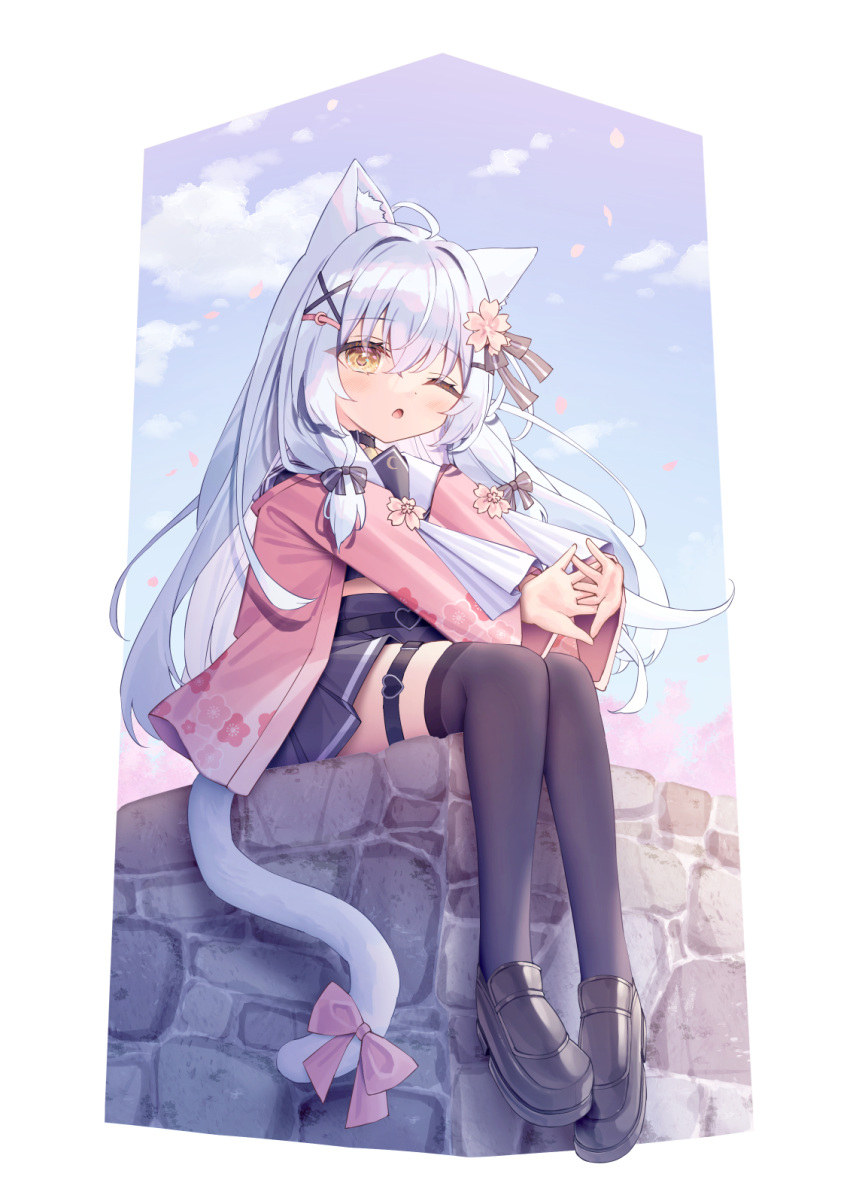 1girl ;o ahoge animal_ear_fluff animal_ears black_footwear black_serafuku black_shirt black_skirt black_thighhighs blue_sky blush cat_ears cat_girl cat_tail cloud commentary_request day flower grey_hair hair_between_eyes hair_flower hair_intakes hair_ornament heart highres interlocked_fingers jacket loafers long_hair long_sleeves looking_at_viewer one_eye_closed open_clothes open_jacket original outstretched_arms parted_lips petals pink_flower pink_jacket pleated_skirt sailor_collar satsuki_yukimi school_uniform serafuku shirt shoes sidelocks sitting skirt sky solo stone_wall stretching tail thigh_strap thighhighs very_long_hair white_sailor_collar wide_sleeves x_hair_ornament yellow_eyes