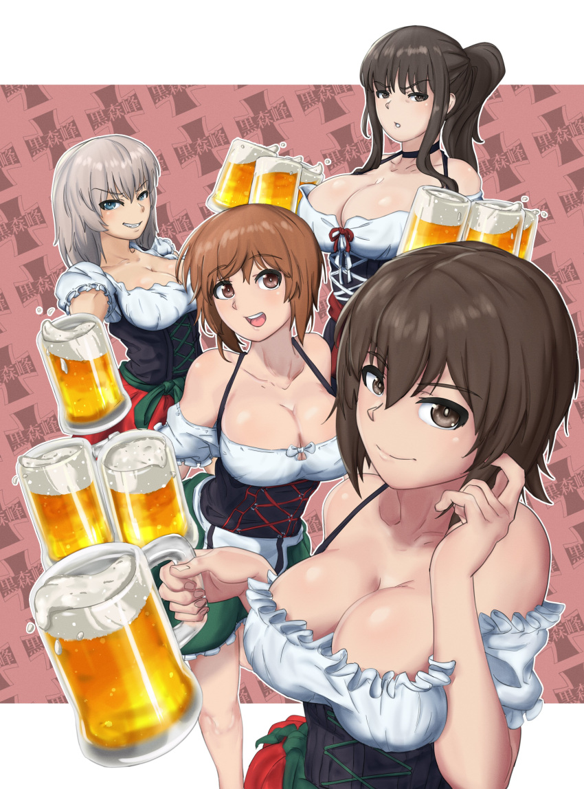 4girls absurdres alcohol beer black_hair blue_eyes blush breasts brown_eyes cleavage closed_mouth collarbone dirndl emblem german_clothes girls_und_panzer grin highres huaronanago kuromorimine_(emblem) large_breasts long_hair multiple_girls oktoberfest open_mouth ponytail short_hair simple_background smile white_hair