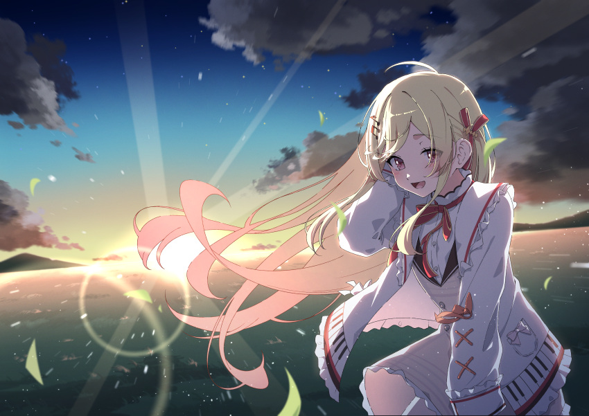 1girl absurdres ahoge akashi_(4kc_27) blonde_hair blush brown_dress dress floating_hair hair_ornament hair_ribbon highres hololive hololive_dev_is jacket long_hair looking_at_viewer musical_note musical_note_hair_ornament open_mouth otonose_kanade red_eyes red_ribbon ribbon smile solo virtual_youtuber white_jacket