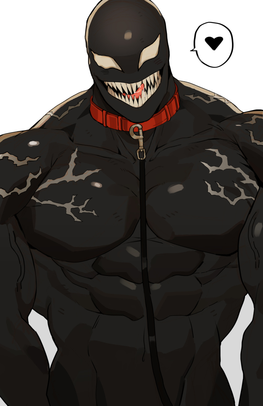 1boy abs alien animal_collar bald bara black_skin collar colored_skin feet_out_of_frame gomihebi heart highres large_pectorals leash looking_at_viewer male_focus marvel muscular muscular_male no_pupils pectorals saliva sharp_teeth simple_background solo teeth tongue tongue_out upper_body veins venom_(marvel) white_background