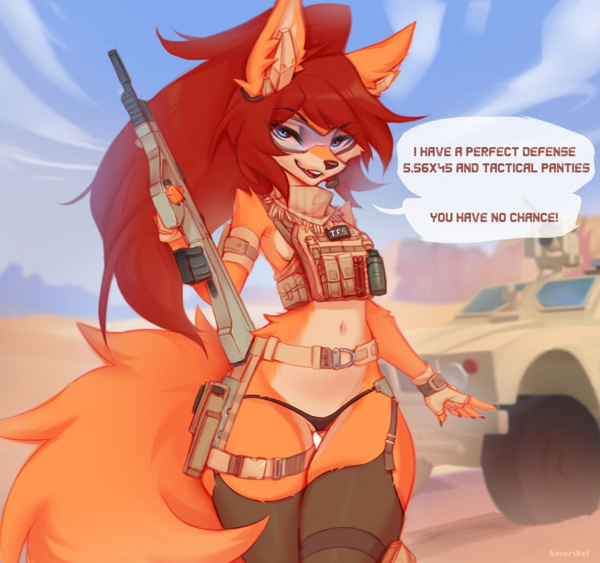 amarihel anthro aug_a3 black_nose blue_eyes canid canine cassie_(amarihel) clothed clothing desert dialogue female fox fur gun hair half_naked hi_res holding_object long_hair long_tail looking_at_viewer mammal military military_clothing military_uniform open_mouth orange_body orange_fur orange_tail panties ranged_weapon red_fox red_hair rifle smile solo standing tail talking_to_viewer true_fox underwear uniform weapon