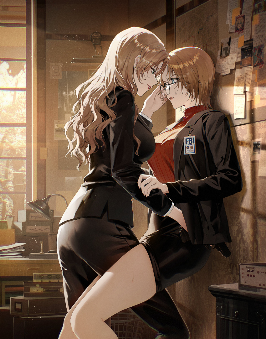 2girls absurdres adjusting_another's_eyewear against_wall akai_shuuichi black_jacket black_pants black_skirt blonde_hair breasts commentary earrings eye_contact face-to-face fbi feet_out_of_frame formal from_side grabbing_another's_arm gun handgun highres holding holding_gun holding_weapon indoors jacket jewelry jodie_starling knee_up kuga_huna lamp lapels large_breasts leg_between_thighs lipstick long_hair long_sleeves looking_at_another makeup medium_breasts meitantei_conan multiple_girls nervous nervous_sweating open_clothes open_jacket pant_suit pants parted_lips pencil_skirt photo_(object) red_lips red_sweater short_hair skirt smile standing sticky_note suit suit_jacket sunlight sweat sweatdrop sweater thighs vermouth_(meitantei_conan) weapon window_shade yuri