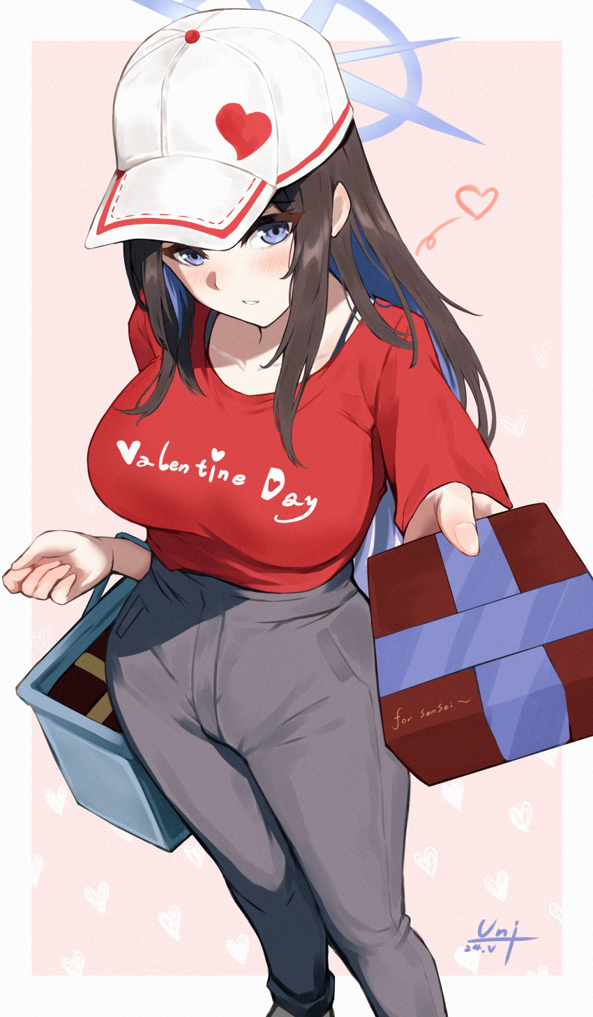1girl absurdres bag black_hair blue_archive blue_eyes blue_hair bra_strap breasts chocolate colored_inner_hair food gift grey_pants heart highres holding holding_chocolate holding_food holding_gift multicolored_hair pants red_shirt saori_(blue_archive) shirt solo unique_(pixiv12704744) valentine