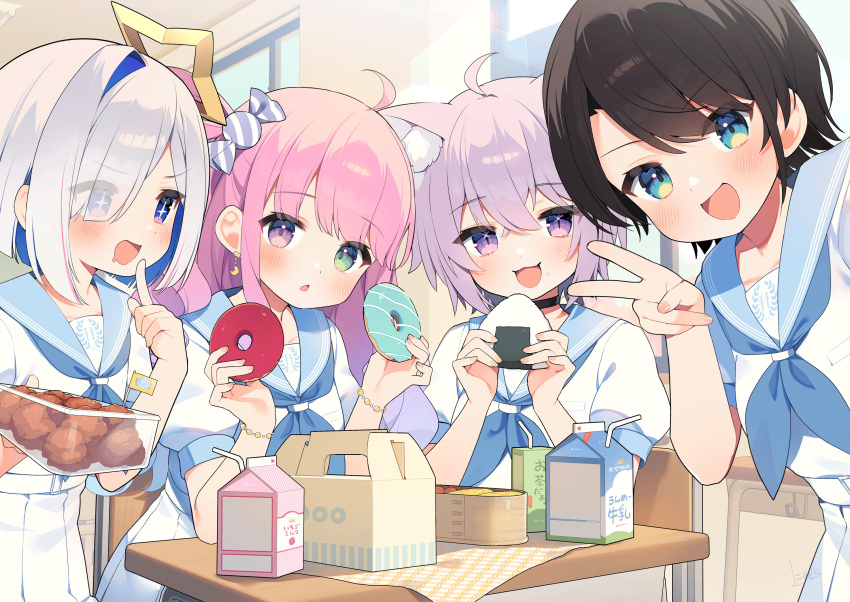 +_+ 4girls ahoge amane_kanata animal_ear_fluff animal_ears aqua_eyes belt bento black_choker blue_eyes blue_neckerchief blue_sailor_collar blush bracelet brown_hair candy_hair_ornament cat_ears cat_girl choker colored_inner_hair crescent crescent_earrings desk doughnut earrings eyes_visible_through_hair fingernails food food-themed_hair_ornament fried_chicken green_eyes hair_ornament halo heterochromia highres himemori_luna holding holding_food holohoneygaoka_high_school_uniform hololive honeyworks jewelry long_hair milk milk_carton multicolored_hair multiple_girls neckerchief nekomata_okayu nyasunyadoora onigiri oozora_subaru open_mouth pink_hair puffy_short_sleeves puffy_sleeves purple_eyes purple_hair sailor_collar school_desk school_uniform serafuku short_hair short_sleeves skirt strawberry_milk tea v virtual_youtuber white_belt white_hair white_serafuku white_skirt