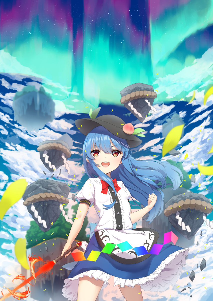 1girl absurdres ambasa aurora black_headwear blue_hair blue_skirt blue_sky bow bowtie clenched_hand cloud cloudy_sky commentary_request day falling_petals fire floating food fruit fruit_hat_ornament hat highres hinanawi_tenshi holding holding_sword holding_weapon keystone leaf leaf_hat_ornament long_hair open_mouth peach peach_hat_ornament petals puffy_short_sleeves puffy_sleeves rainbow_gradient rainbow_order red_bow red_bowtie red_eyes rock rope shide shimenawa shirt short_sleeves skirt sky smile solo sword sword_of_hisou touhou weapon white_shirt yellow_petals