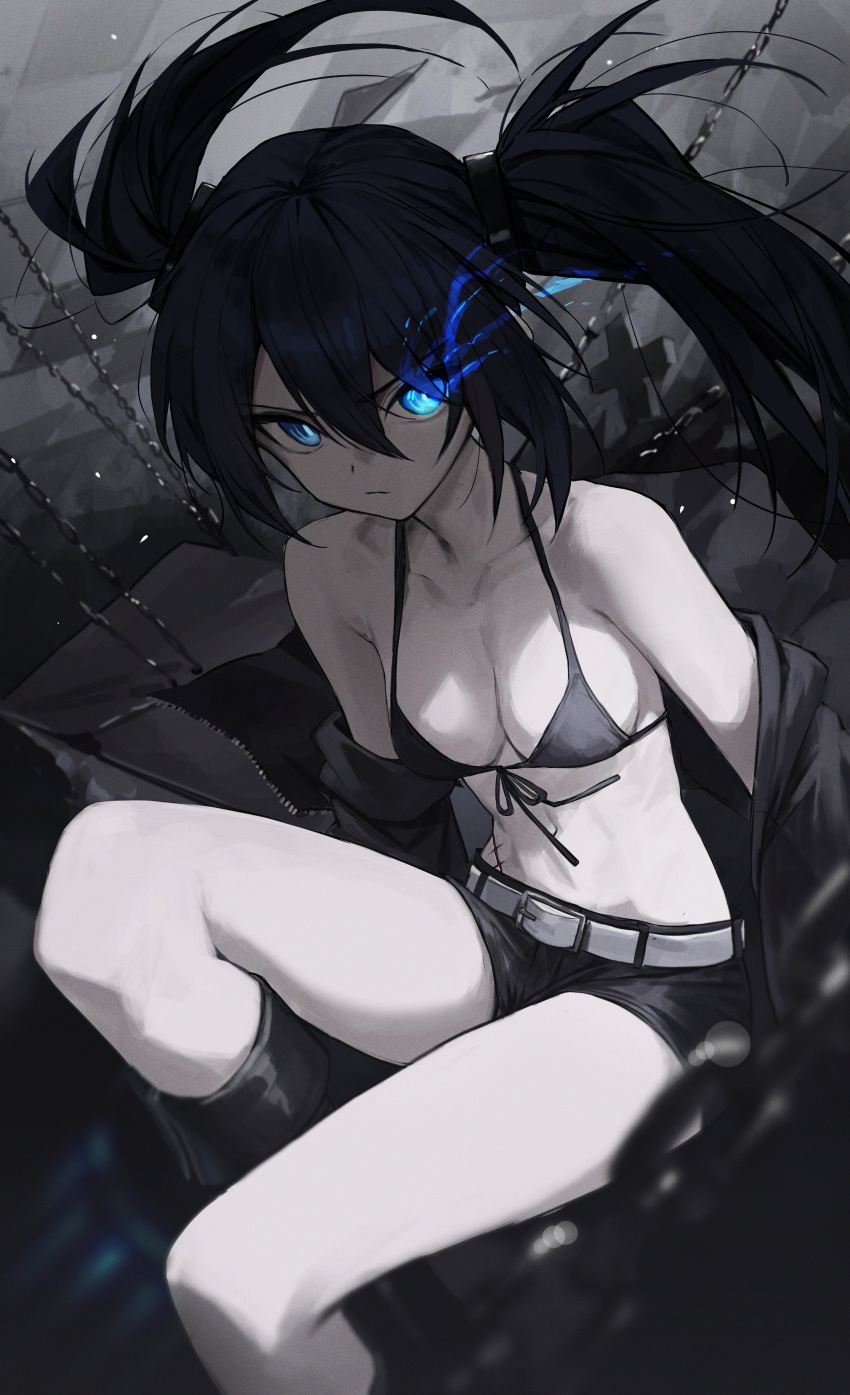 1girl absurdres bare_shoulders belt bikini bikini_top_only black_bikini black_footwear black_hair black_jacket black_rock_shooter black_rock_shooter_(character) black_shorts blue_eyes blurry blurry_foreground boots breasts chain closed_mouth cross double-parted_bangs feet_out_of_frame flaming_eye floating_hair front-tie_bikini_top front-tie_top gnns hair_between_eyes hair_ornament halo highres jacket long_hair looking_at_viewer medium_breasts midriff off_shoulder open_clothes open_jacket pale_skin scar short_shorts shorts sitting solo swimsuit tombstone twintails white_belt