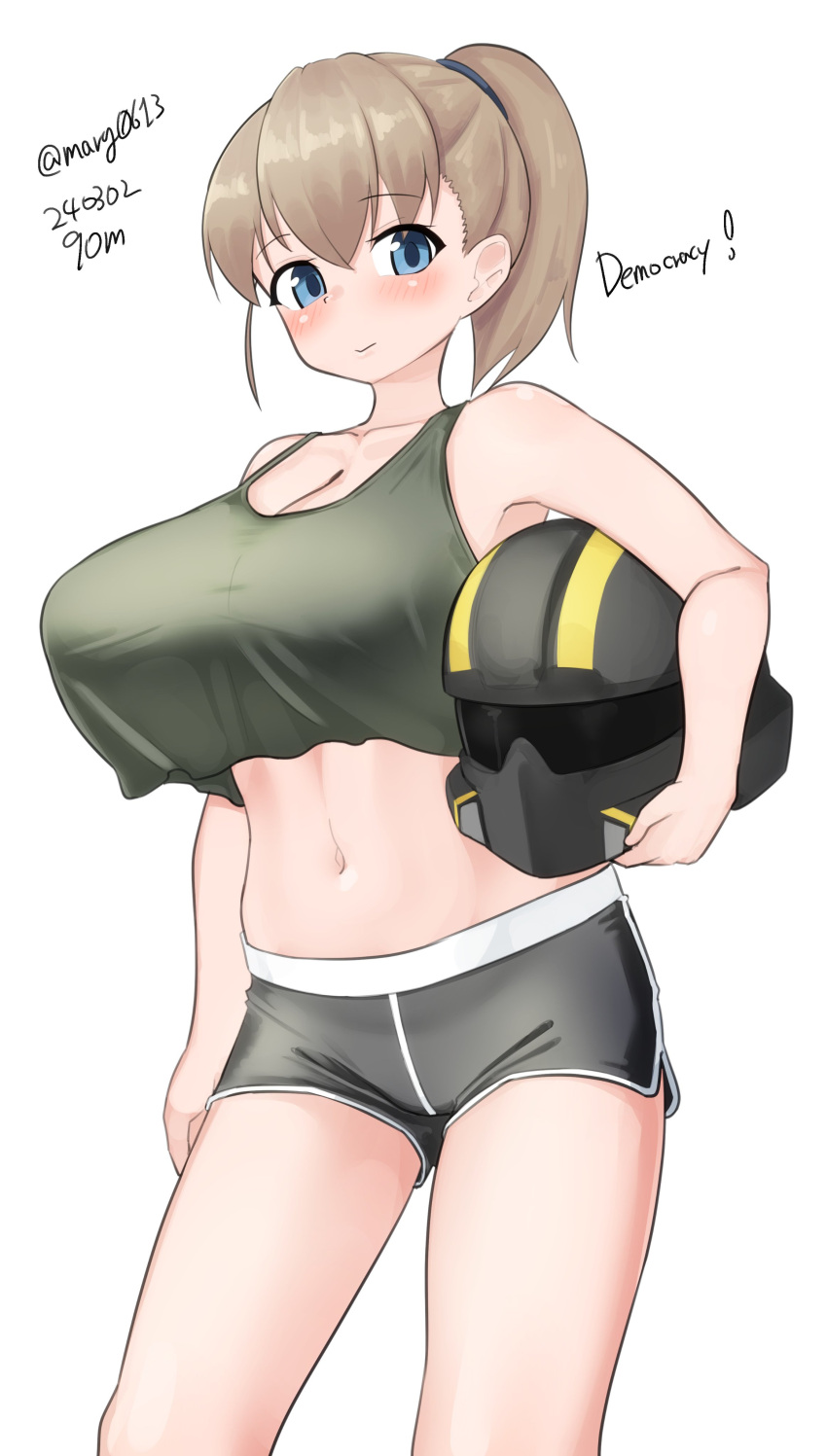 1girl absurdres alternate_costume bare_shoulders black_shorts blue_eyes blush breasts brown_hair closed_mouth commentary_request dated english_text feet_out_of_frame green_tank_top helmet highres holding holding_helmet intrepid_(kancolle) kantai_collection large_breasts maru_(marg0613) medium_hair midriff motorcycle_helmet navel one-hour_drawing_challenge ponytail short_shorts shorts simple_background smile solo tank_top twitter_username white_background