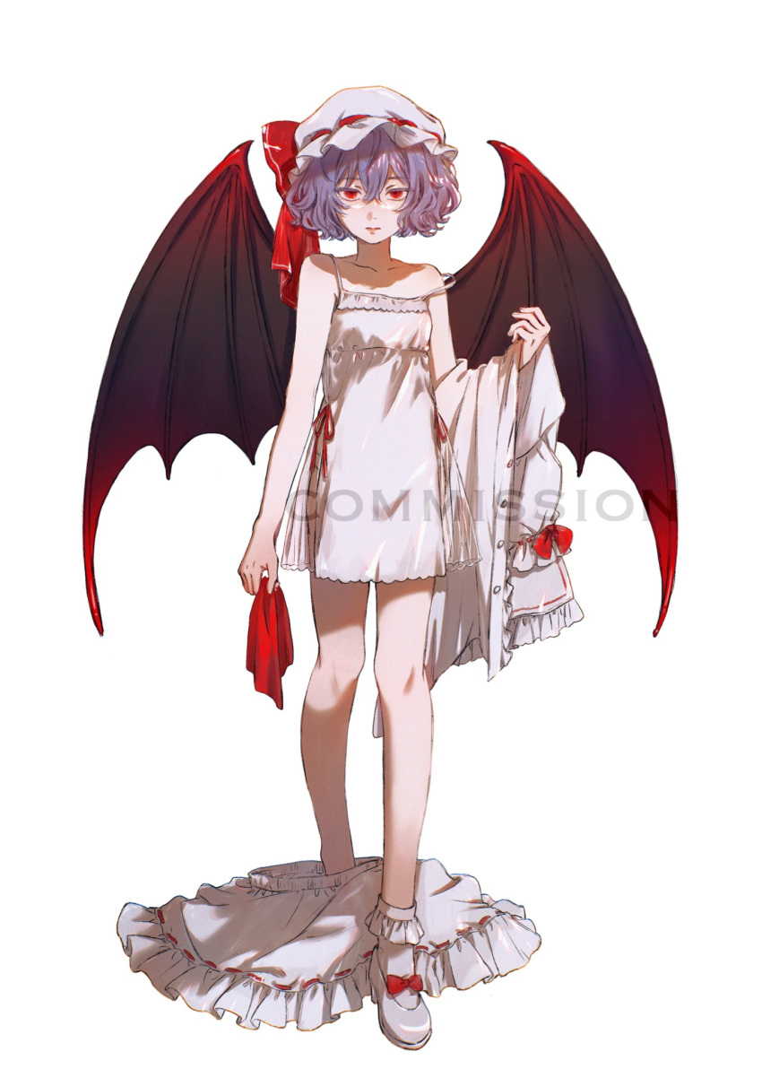 1girl bare_shoulders blue_hair bobby_socks bow breasts commission demon_wings dress expressionless footwear_bow full_body hat highres holding holding_clothes looking_at_viewer machihazure mary_janes mob_cap nightgown red_eyes remilia_scarlet shoes short_hair simple_background small_breasts socks solo strap_slip touhou unworn_dress white_background white_nightgown wings