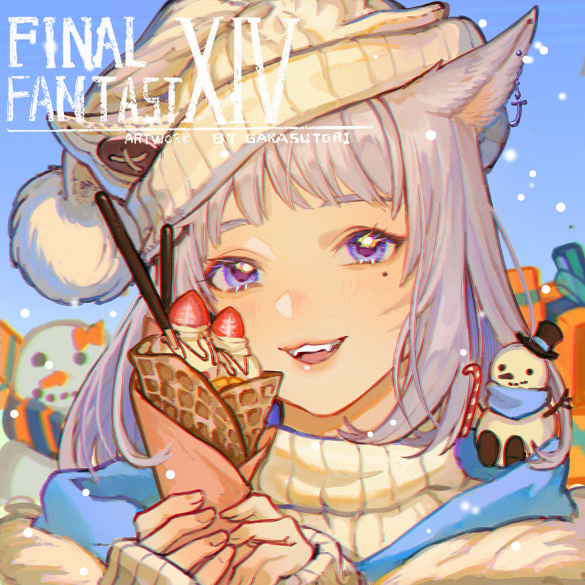 1girl :d animal_ears artist_name candy candy_cane cat_ears cat_girl copyright_name earrings english_text facial_mark fangs final_fantasy final_fantasy_xiv food fruit gift grey_hair guan_tang_baozi holding holding_food jewelry light_blush long_sleeves medium_hair miqo'te mole mole_under_eye pocky portrait purple_eyes single_earring smile snow snowing snowman solo strawberry sweater waffle warrior_of_light_(ff14) whisker_markings white_sweater