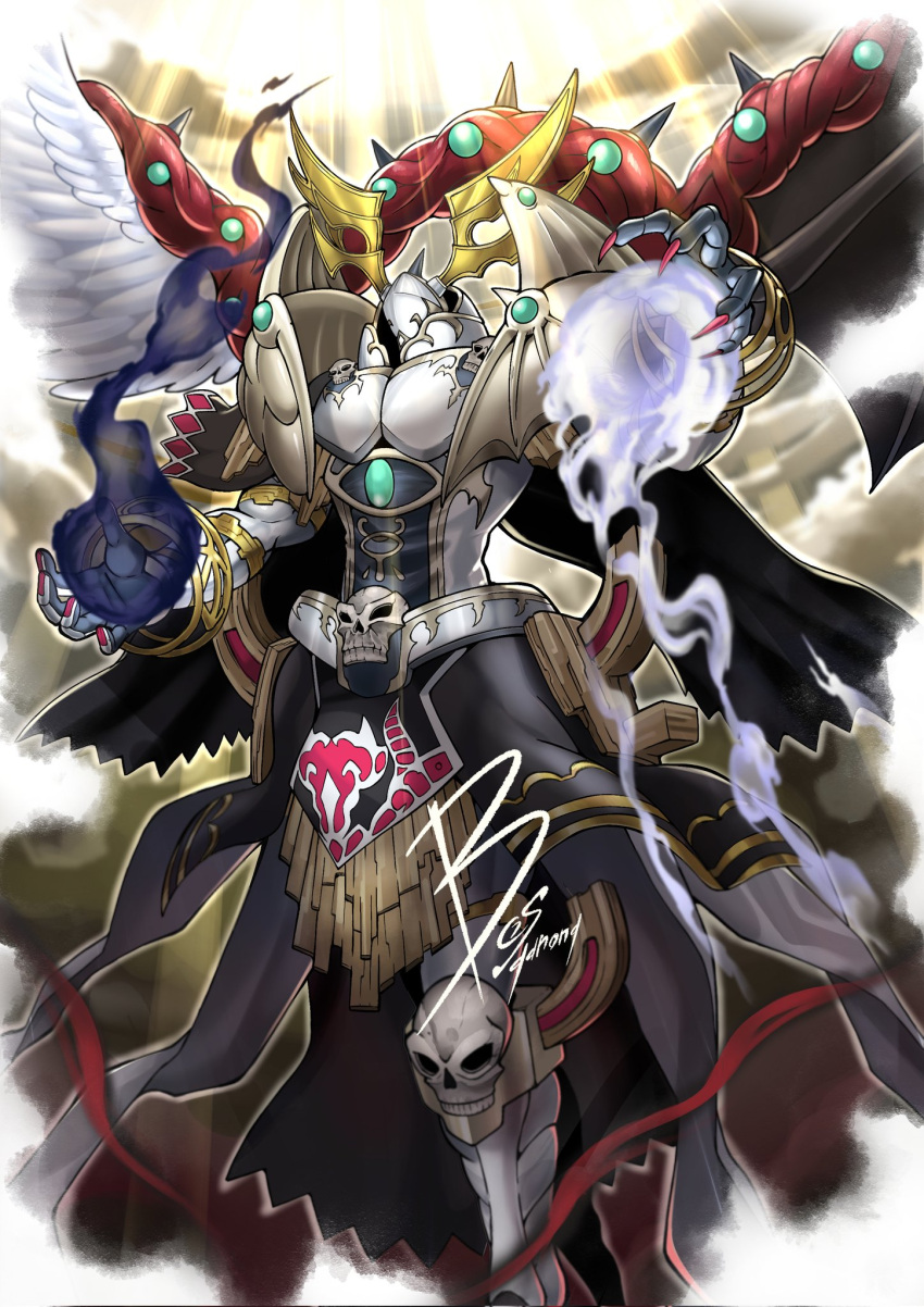 1boy armor bosgarong chaos_angel_(yu-gi-oh!) cloud cloudy_sky energy energy_ball faceless faceless_male flying full_armor halo highres light_rays mismatched_wings shoulder_pads signature skull sky solo standing yu-gi-oh!