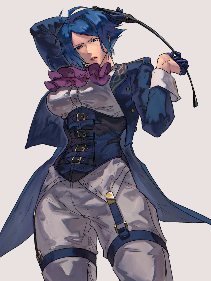 1girl ascot belt_buckle blue_corset blue_eyes blue_gloves blue_hair blue_jacket breasts buckle corset elisabeth_blanctorche gloves highres jacket looking_down short_hair syachiiro the_king_of_fighters the_king_of_fighters_xv whip