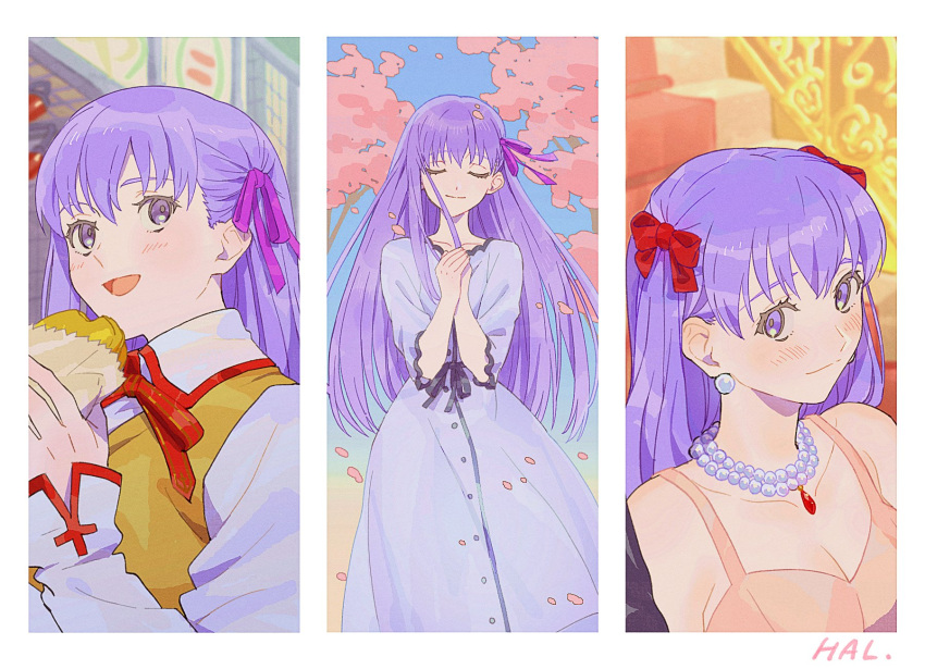 1girl cherry_blossoms closed_eyes dress earrings fate/hollow_ataraxia fate/stay_night fate_(series) hair_ribbon hal_(haaaalhal) heaven's_feel highres homurahara_academy_school_uniform jewelry long_hair matou_sakura multiple_views necklace pearl_necklace purple_eyes purple_hair ribbon school_uniform smile