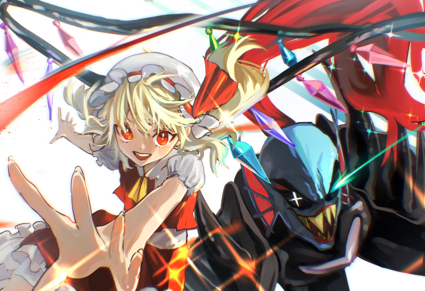 2girls absurdres ascot blonde_hair cowboy_shot crystal_wings fins fish_girl flandre_scarlet frills glowing glowing_eye head_fins highres looking_at_viewer medium_hair multiple_girls open_mouth red_eyes sharp_teeth side_ponytail simple_background teeth touhou touhou_danmaku_kagura tsumayouji_(tsumayoooooji12) undertale undyne undyne_the_undying upper_teeth_only white_background yellow_ascot