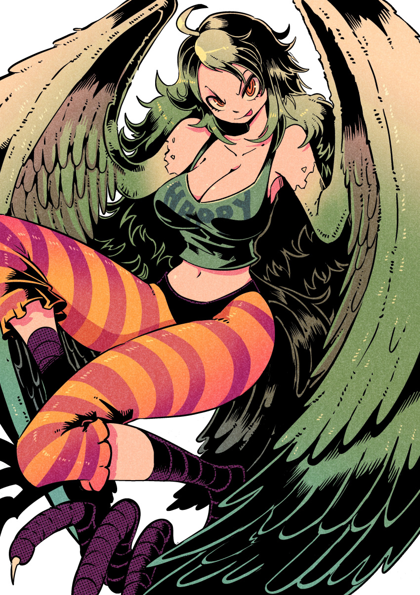 1girl absurdres ahoge bird_tail breasts brown_eyes cleavage collarbone crop_top feathered_wings green_hair green_tank_top green_wings harpy highres large_breasts licking_lips long_hair midriff monet_(one_piece) monster_girl navel one_piece orange_pants pants purple_pants simple_background solo striped_clothes striped_pants tail talons tank_top tongue tongue_out vakodraws very_long_hair white_background winged_arms wings