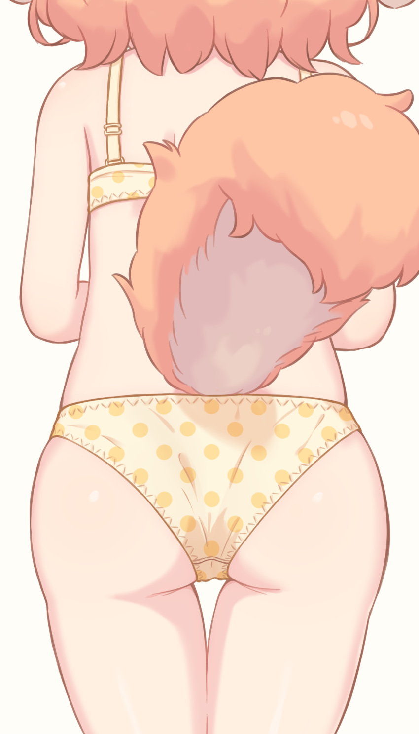 1girl ass ass_focus back bare_arms bare_legs bare_shoulders bra cowboy_shot dog_girl dog_tail facing_away from_behind head_out_of_frame highres inuakarisan legs_together orange_hair panties polka_dot polka_dot_bra polka_dot_panties short_hair simple_background skindentation solo standing tail tail_raised thigh_gap underwear underwear_only variant_set white_background yellow_bra yellow_panties