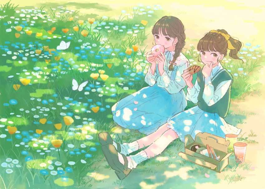 2girls :p black_footwear black_hair blue_dress blue_skirt bow box braid bubble_tea bug butterfly dappled_sunlight day doughnut dress eating field flower flower_field food grass hair_bow hair_over_shoulder highres holding holding_food inoue_haruka_(haruharu210) long_dress long_sleeves multiple_girls nature original outdoors pink_bow ponytail shoes sitting skirt smile socks sunlight tongue tongue_out vest yellow_bow