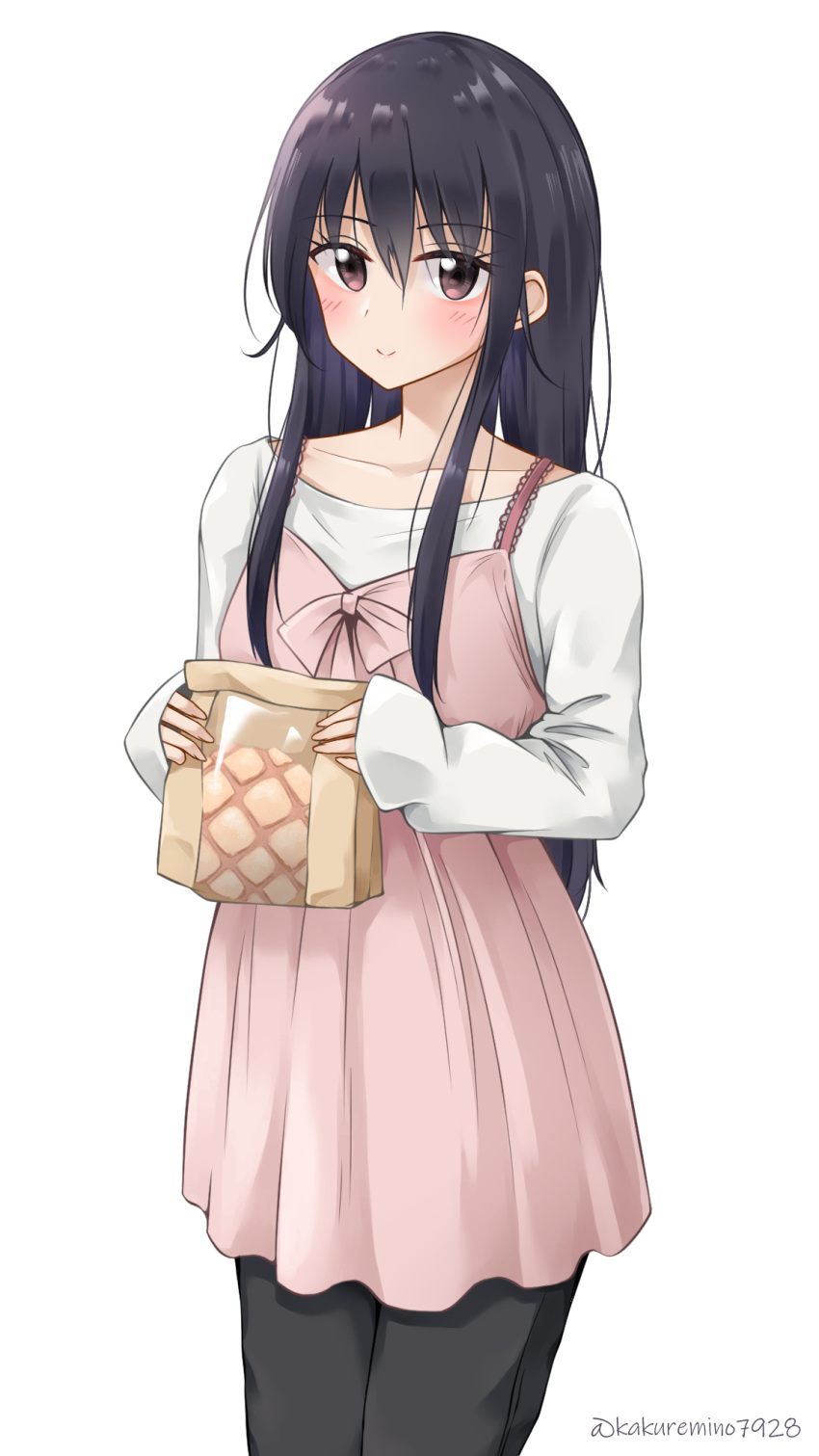 1girl amakusa_shino apron bag black_hair blush bread brown_eyes closed_mouth collarbone cowboy_shot food highres holding holding_bag kakuremino7928 long_hair long_sleeves looking_at_viewer seitokai_yakuindomo shirt sidelocks smile twitter_username white_shirt