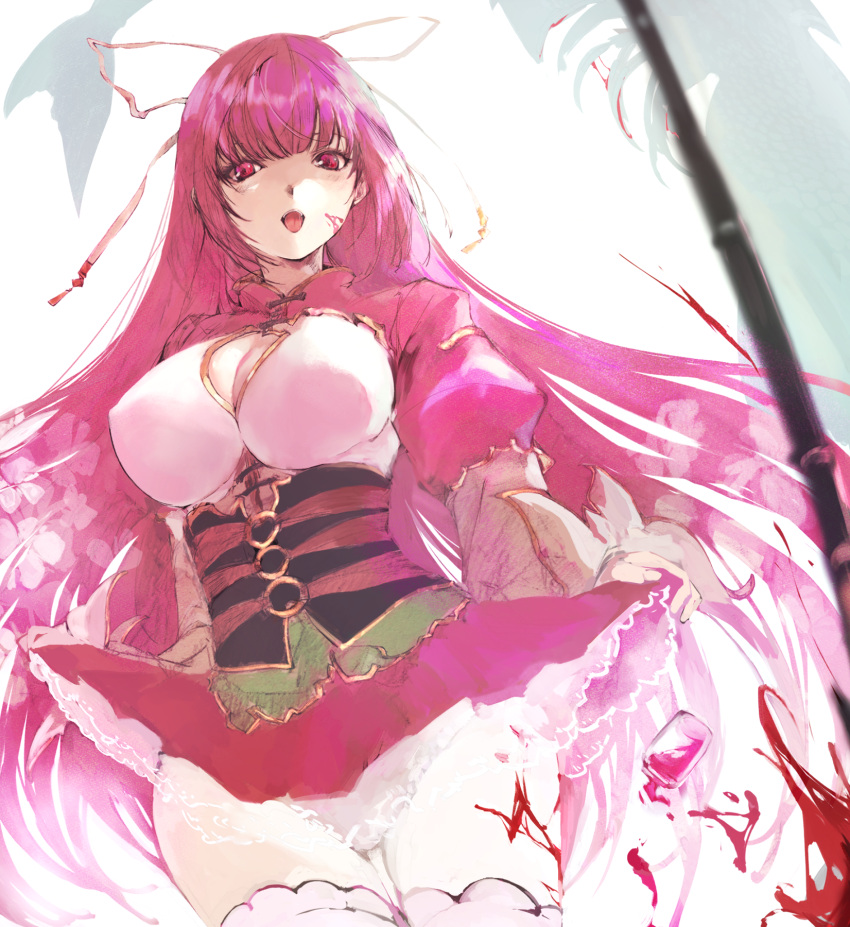 agulo blood blood_on_face blurry breasts cleavage clothes_lift corset depth_of_field dress dress_lift from_below hair_ribbon highres keikoku_(rance) large_breasts long_hair looking_at_viewer pink_dress pink_eyes pink_hair rance_(series) ribbon see-through sengoku_rance thighhighs thighs very_long_hair white_background white_thighhighs