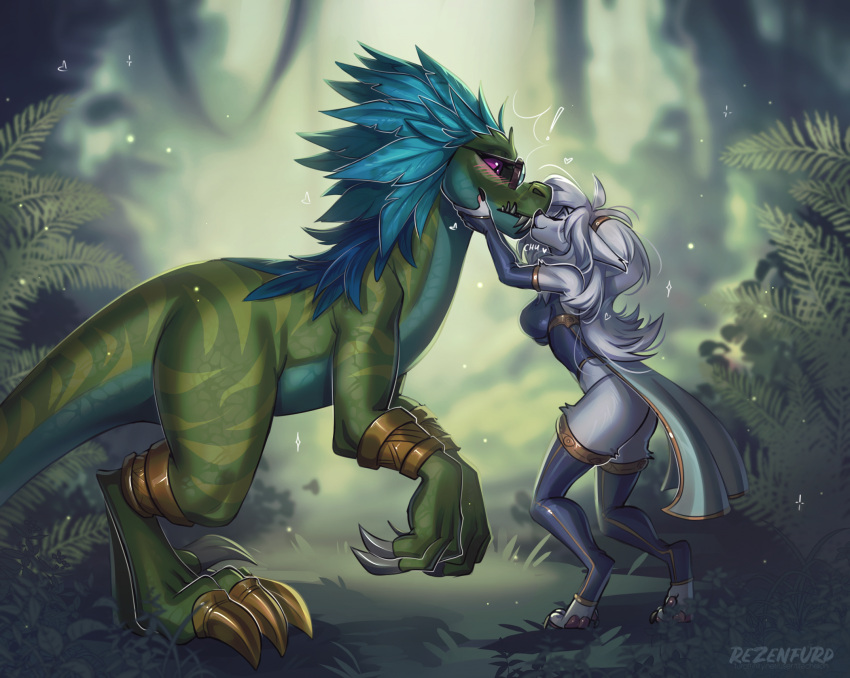 anthro anthro_kissing_feral armwear blizzard_entertainment breasts canid canine canis claws clothed clothing digitigrade dinosaur dromaeosaurid duo feathered_dinosaur feathers female feral fluffy fluffy_tail fur green_body green_scales hair hi_res kissing larger_feral legwear long_hair male mammal ravasaur reptile scales scalie size_difference tail theropod tlt_echelon warcraft white_body white_fur white_hair wolf